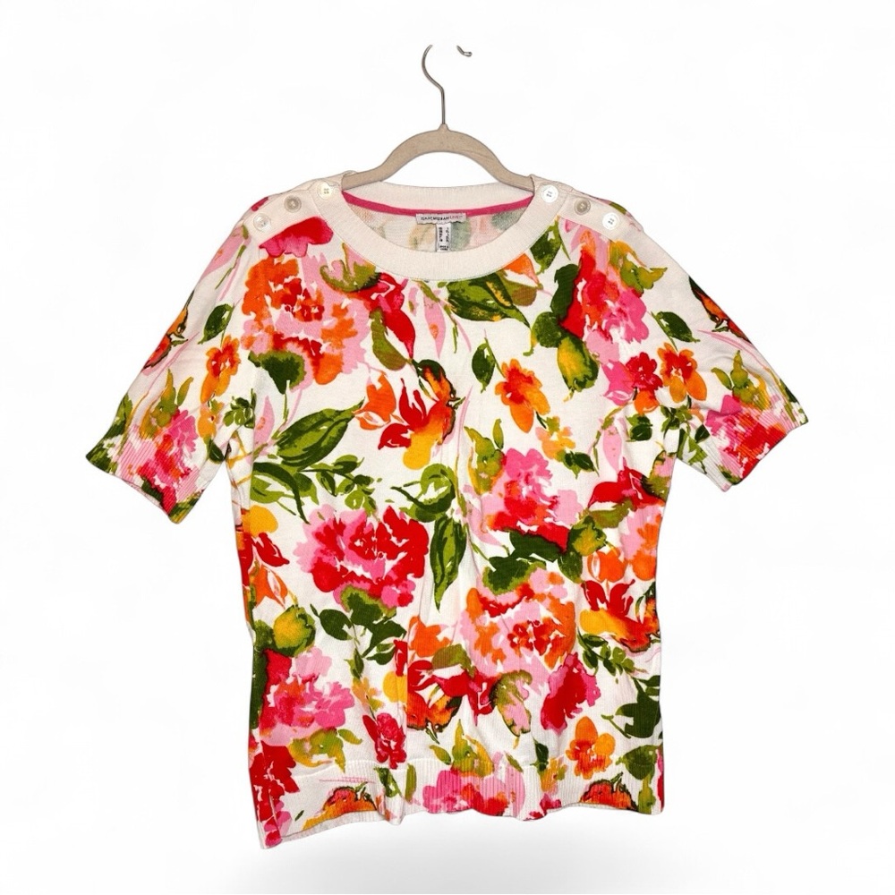 Isaac Mizrahi Live White Orange Floral Short Sleeve Sweater Large